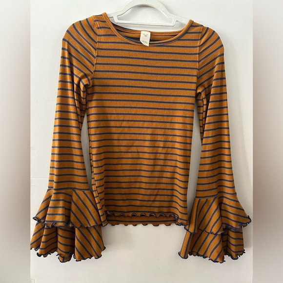 We The Free Mustard and Navy Striped Bell Sleeve Blouse - Picture 1 of 3